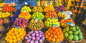 A collection of fruit and vegetables in an outdoor market in Funcal - Madiera - Portugal